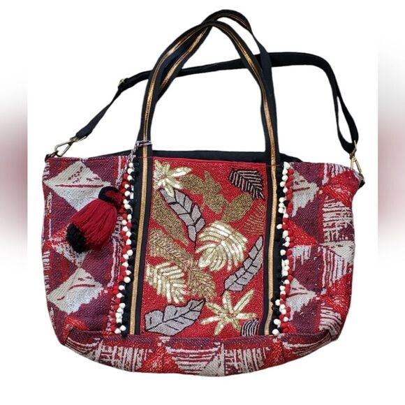 American & Beyond Red Bohemian Beaded& Sequin Tote Bag - Picture 1 of 10